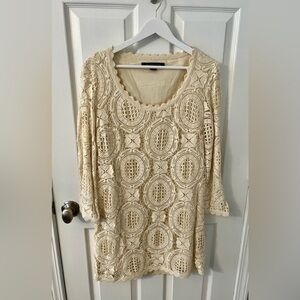 French Connection Cream Cropped 3/4 Sleeve Scoop Neck Dress, Size 10